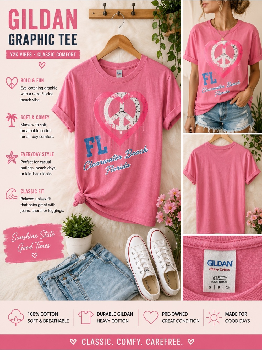 Gildan/KidsPink&BlueClearwaterBeach-Peace Heart-Graphic Tee